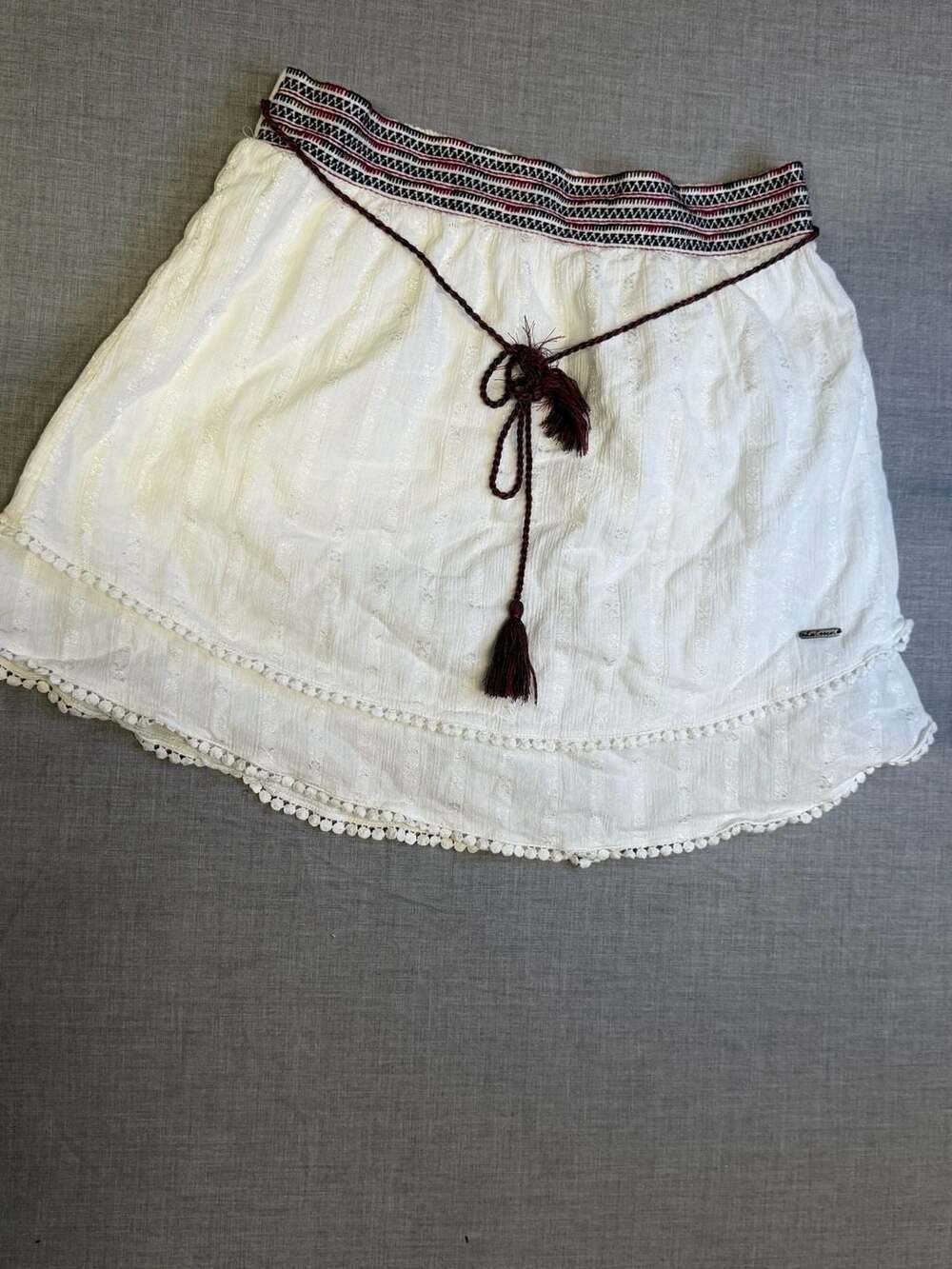 Lee Cooper White Boho Mini Skirt with Embroidered Waistband and Tassel Belt